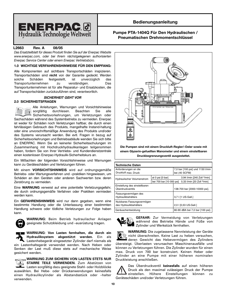 Bedienungsanleitung | Enerpac PTA-Series User Manual | Page 10 / 40