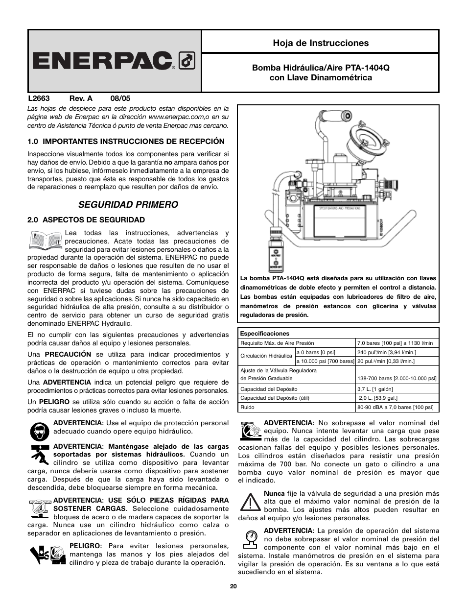 Seguridad primero, Hoja de instrucciones | Enerpac PTA-Series User Manual | Page 20 / 40