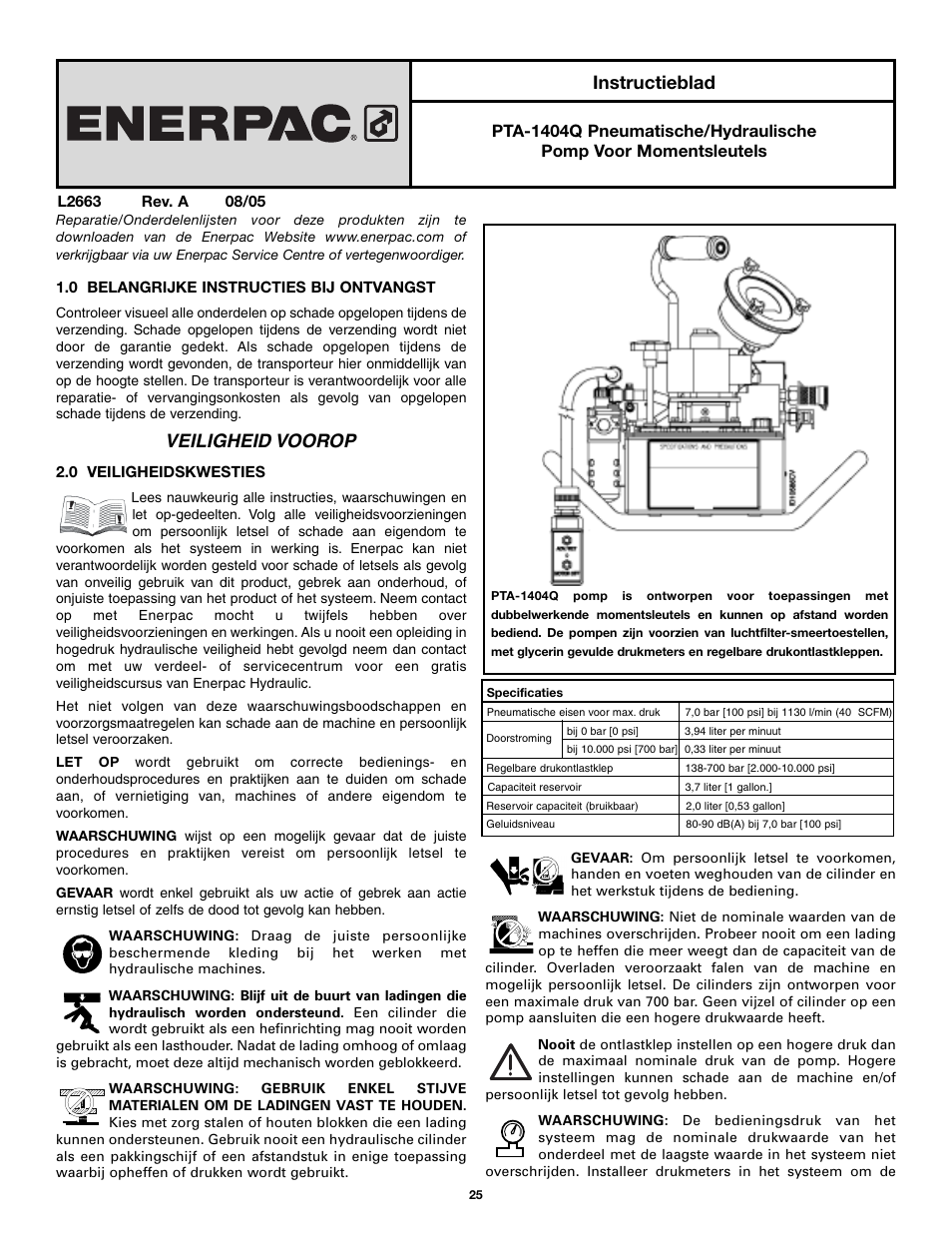 Veiligheid voorop, Instructieblad | Enerpac PTA-Series User Manual | Page 25 / 40