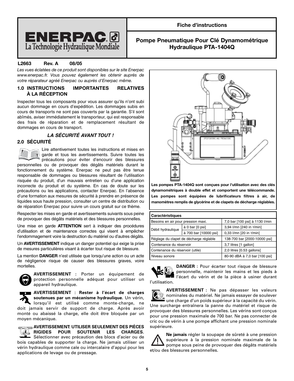 Fiche d’instructions | Enerpac PTA-Series User Manual | Page 5 / 40