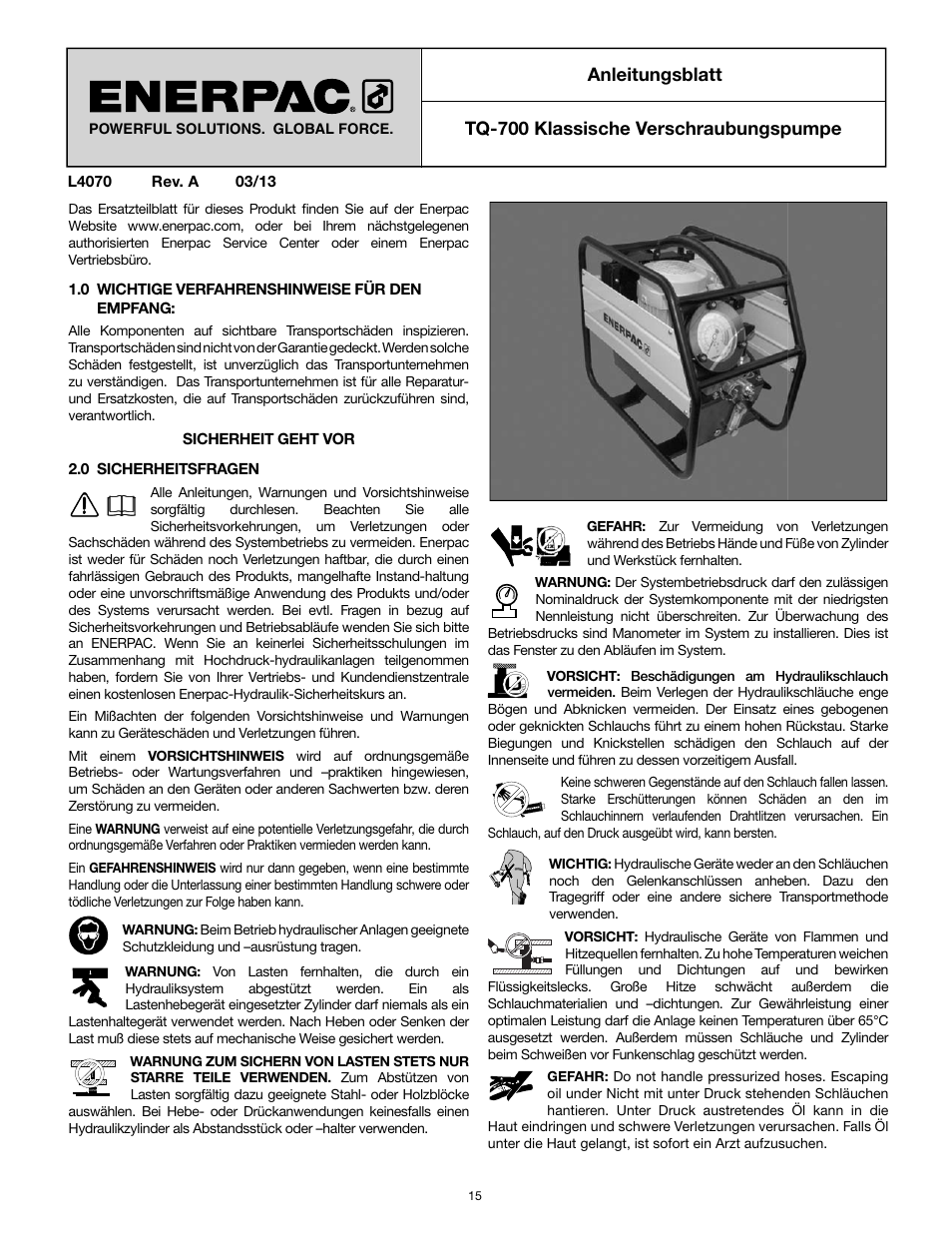 Anleitungsblatt, Tq-700 klassische verschraubungspumpe | Enerpac TQ-700E User Manual | Page 15 / 88