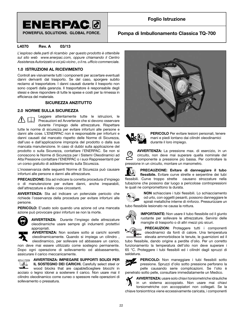 Foglio istruzione, Pompa di imbullonamento classica tq-700 | Enerpac TQ-700E User Manual | Page 22 / 88