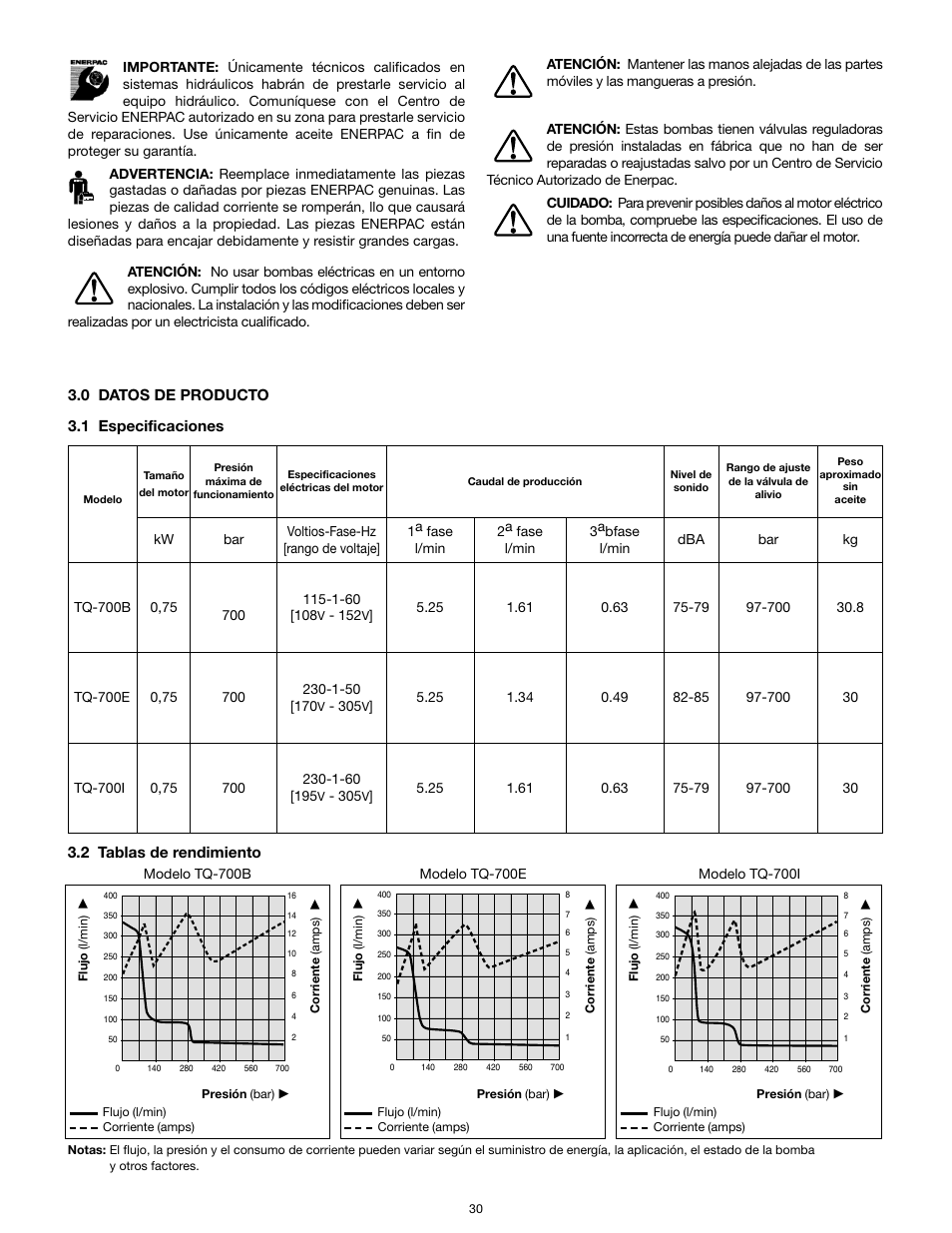 0 datos de producto 3.1 especiﬁ caciones, 2 tablas de rendimiento | Enerpac TQ-700E User Manual | Page 30 / 88