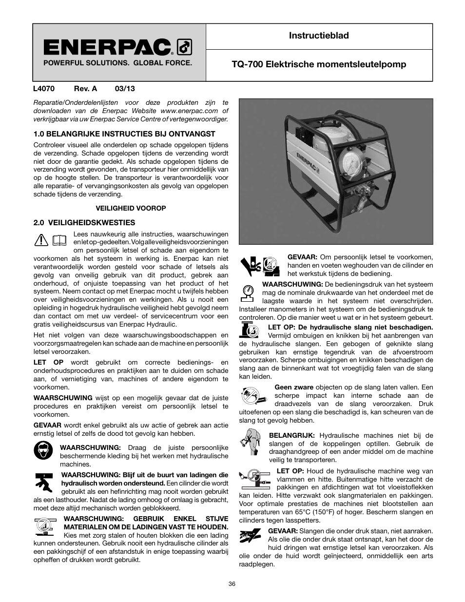 Instructieblad, Tq-700 elektrische momentsleutelpomp | Enerpac TQ-700E User Manual | Page 36 / 88