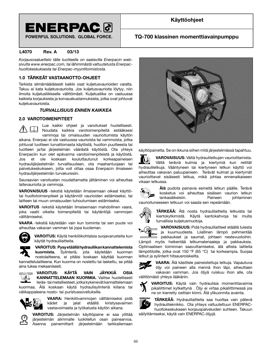 Käyttöohjeet, Tq-700 klassinen momenttiavainpumppu | Enerpac TQ-700E User Manual | Page 50 / 88