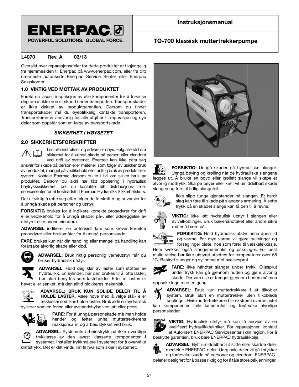 Instruksjonsmanual, Tq-700 klassisk muttertrekkerpumpe | Enerpac TQ-700E User Manual | Page 57 / 88