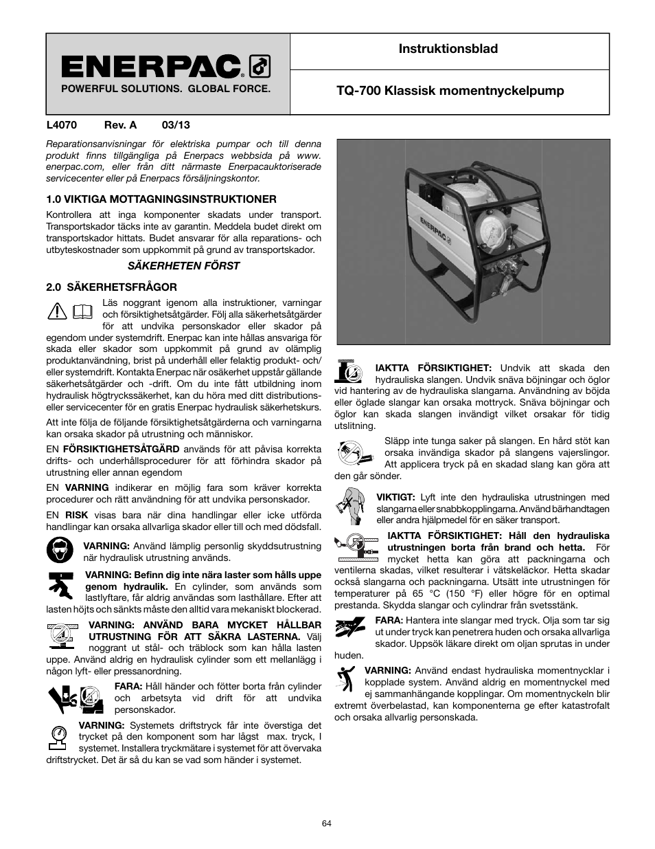 Instruktionsblad, Tq-700 klassisk momentnyckelpump | Enerpac TQ-700E User Manual | Page 64 / 88