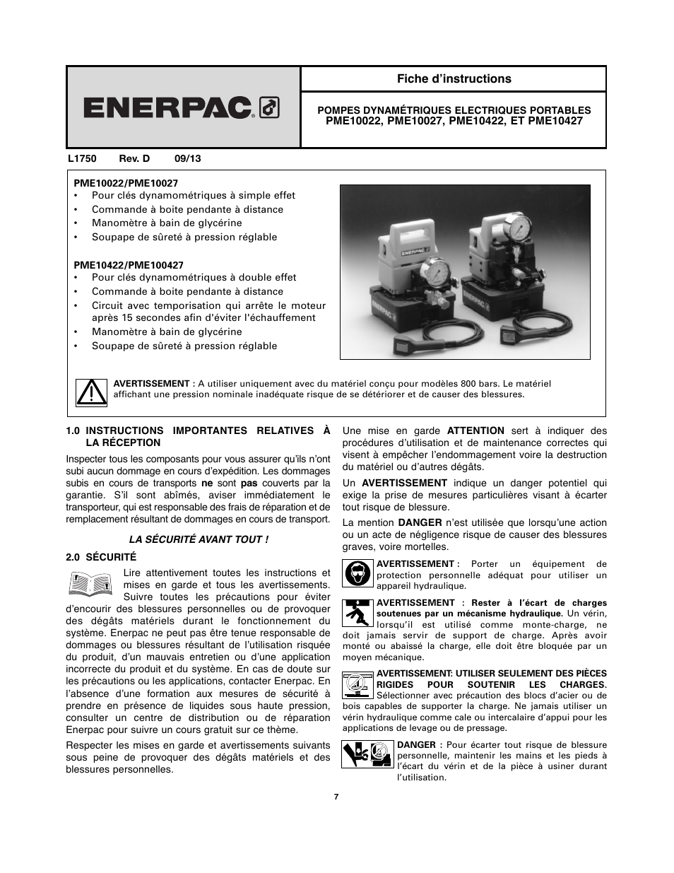 Fiche d’instructions | Enerpac PMU-Series User Manual | Page 7 / 48