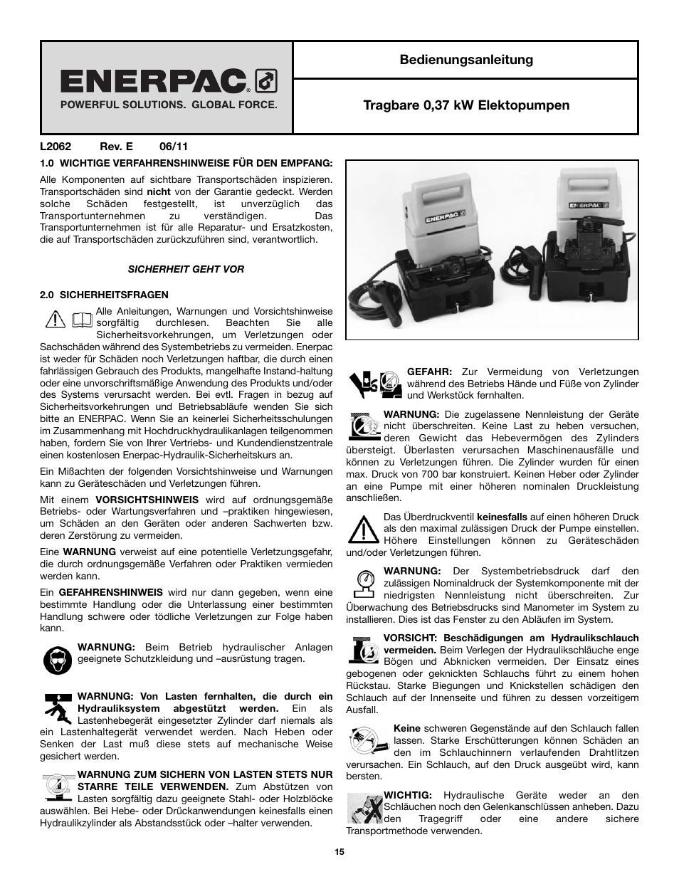 Bedienungsanleitung tragbare 0,37 kw elektopumpen | Enerpac PU-Series User Manual | Page 15 / 56