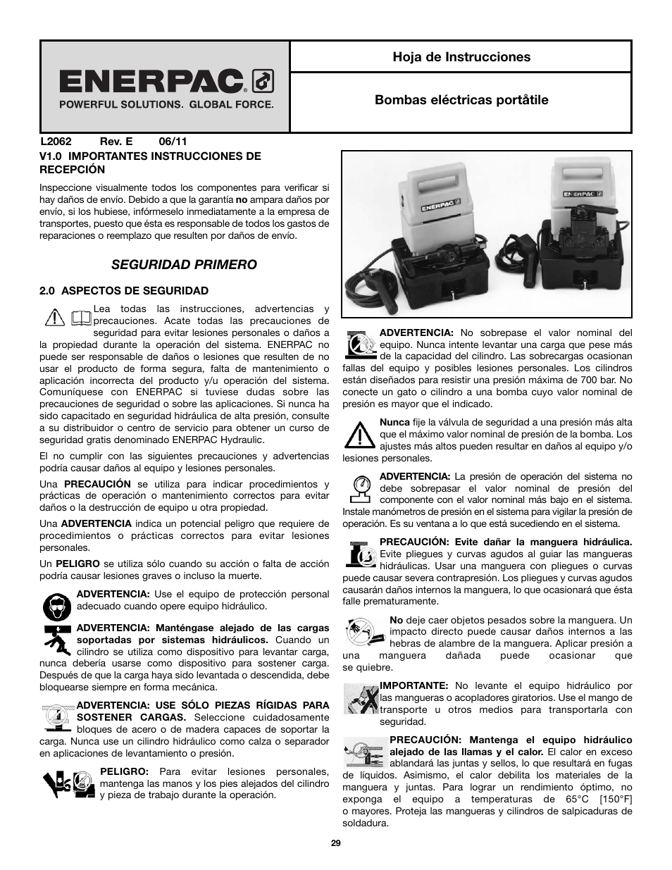 Seguridad primero, Hoja de instrucciones bombas eléctricas portåtile | Enerpac PU-Series User Manual | Page 29 / 56
