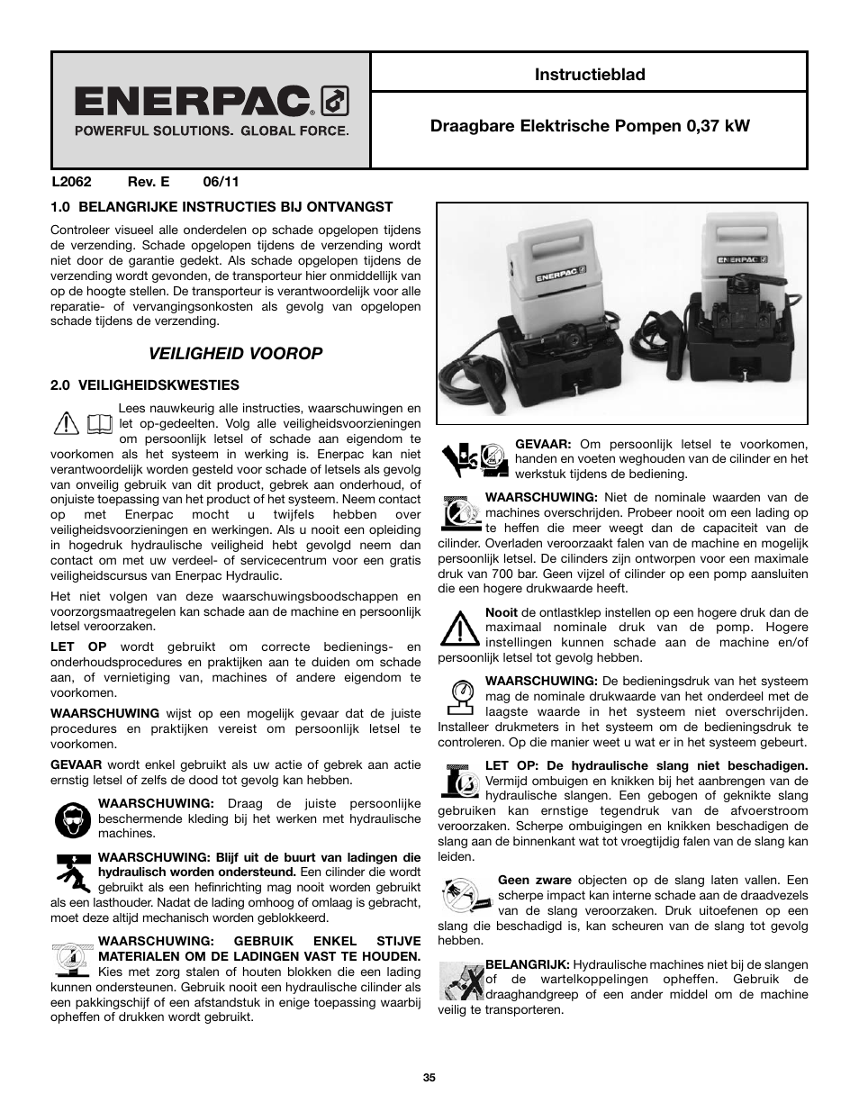 Veiligheid voorop | Enerpac PU-Series User Manual | Page 35 / 56