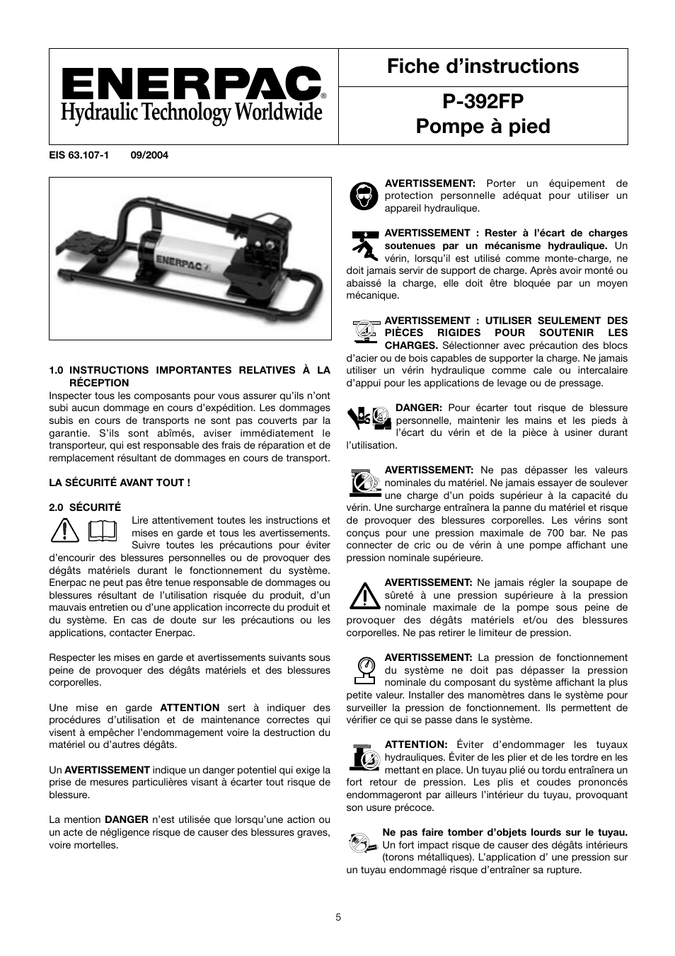 Hydraulic technology worldwide, Fiche d’instructions p-392fp pompe à pied | Enerpac P-392FP User Manual | Page 5 / 14