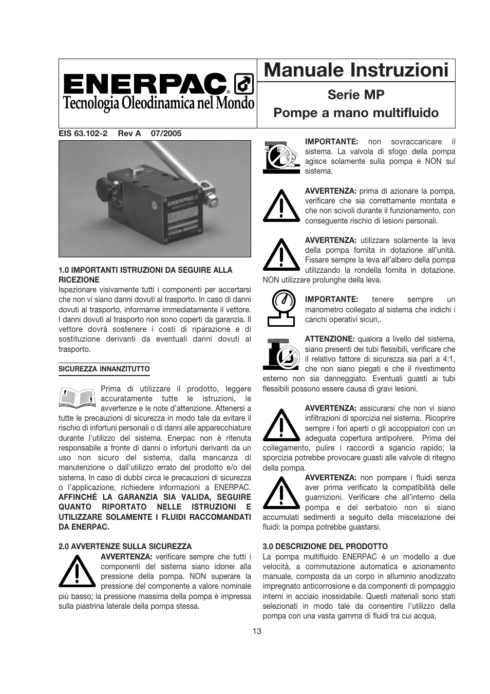 Manuale instruzioni, Tecnologia oleodinamica nel mondo, Serie mp pompe a mano multifluido | Enerpac MP-Series User Manual | Page 13 / 30