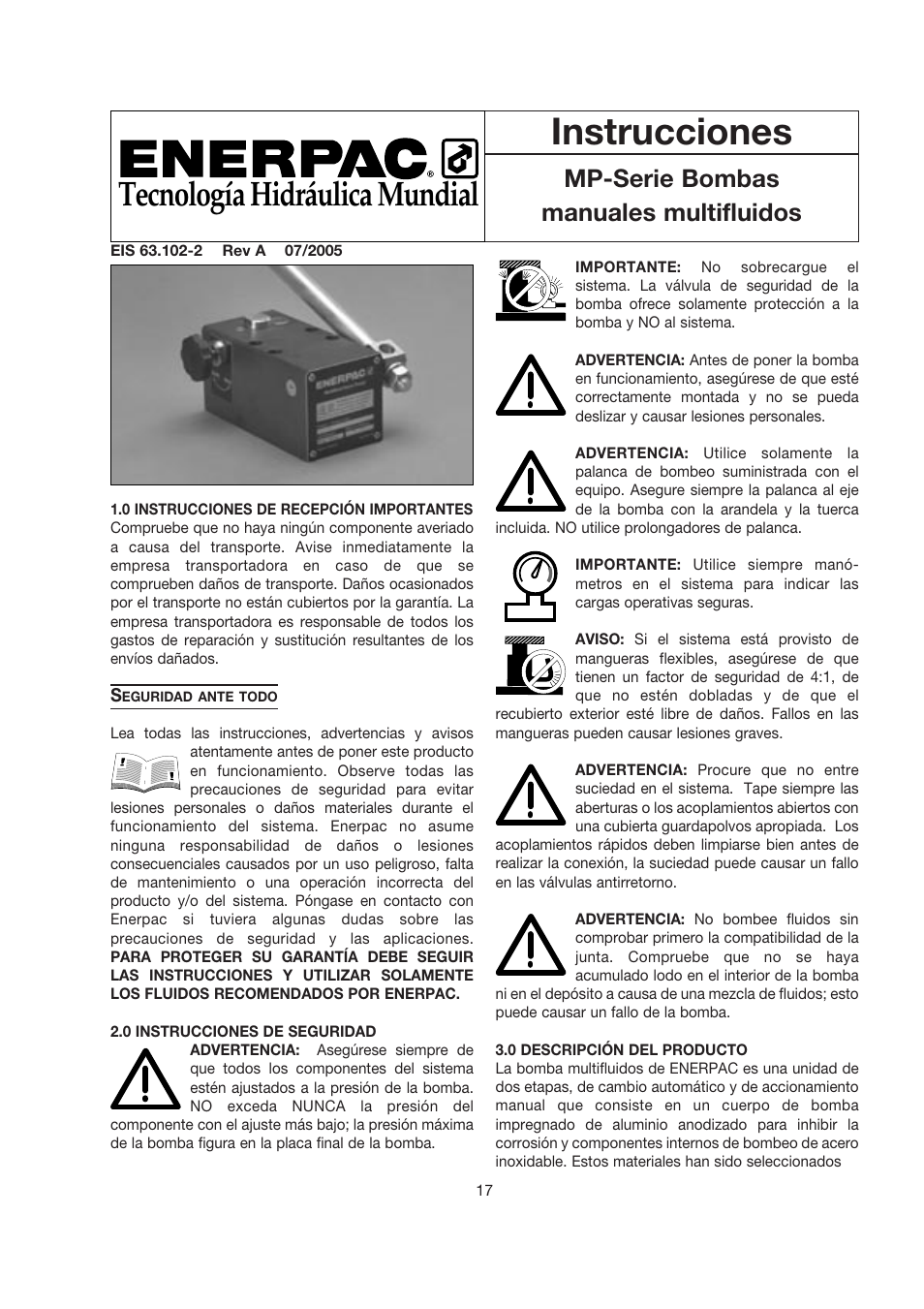 Instrucciones, Tecnología hidráulica mundial, Mp-serie bombas manuales multifluidos | Enerpac MP-Series User Manual | Page 17 / 30