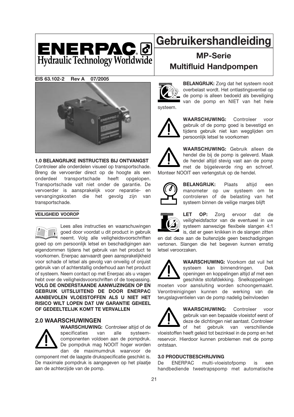 Gebruikershandleiding, Hydraulic technology worldwide, Mp-serie multifluid handpompen | Enerpac MP-Series User Manual | Page 21 / 30