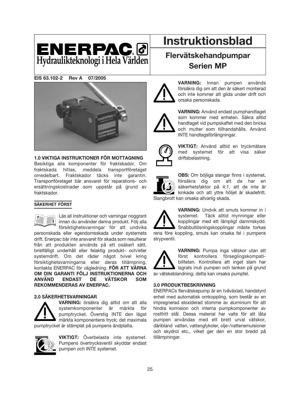 Instruktionsblad, Hydraulikteknologi i hela världen, Flervätskehandpumpar serien mp | Enerpac MP-Series User Manual | Page 25 / 30