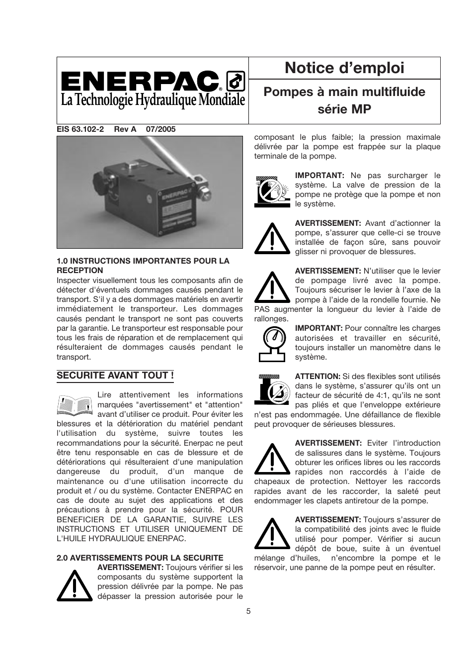 La technologie hydraulique mondiale, Notice d’emploi, Pompes à main multifluide série mp | Enerpac MP-Series User Manual | Page 5 / 30