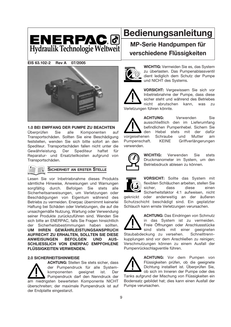 Bedienungsanleitung, Hydraulik technologie weltweit, Mp-serie handpumpen für verschiedene flüssigkeiten | Enerpac MP-Series User Manual | Page 9 / 30