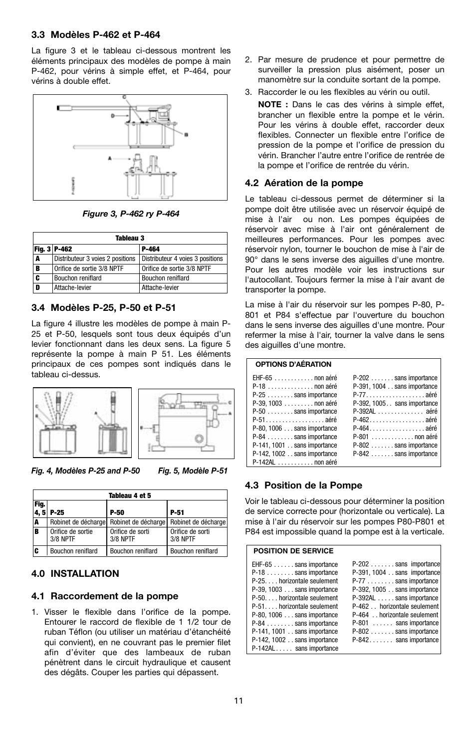 0 installation 4.1 raccordement de la pompe, 2 aération de la pompe, 3 position de la pompe | Enerpac P-Series User Manual | Page 11 / 96