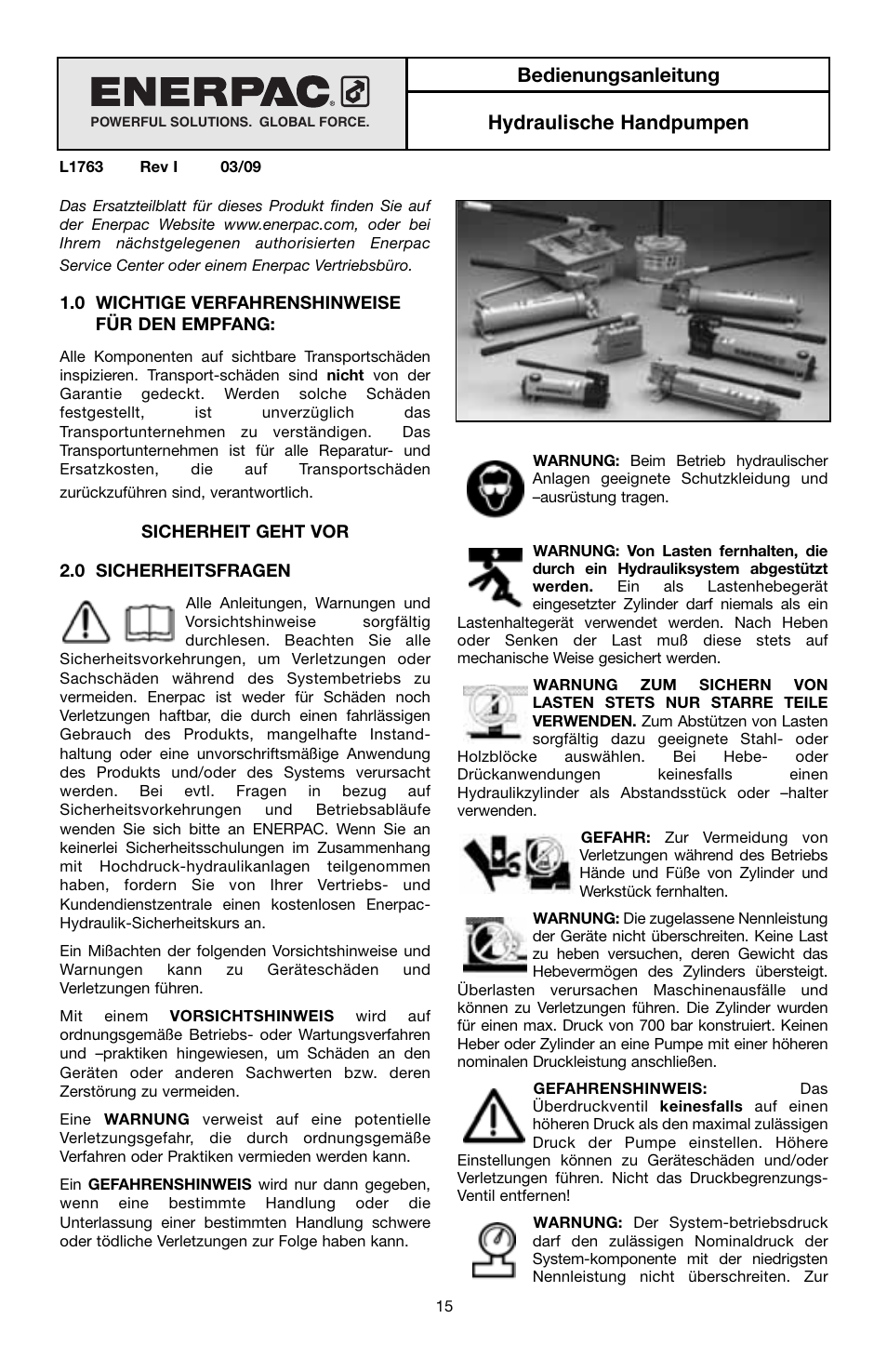 Bedienungsanleitung hydraulische handpumpen | Enerpac P-Series User Manual | Page 15 / 96