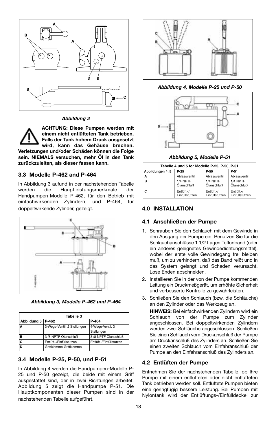 0 installation 4.1 anschließen der pumpe, 2 entlüften der pumpe | Enerpac P-Series User Manual | Page 18 / 96