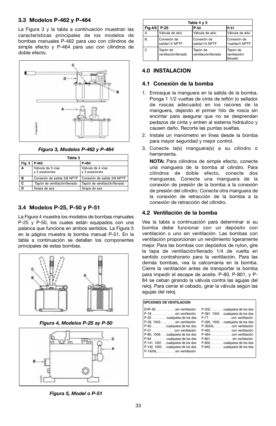 0 instalacion 4.1 conexión de la bomba, 2 ventilación de la bomba | Enerpac P-Series User Manual | Page 33 / 96