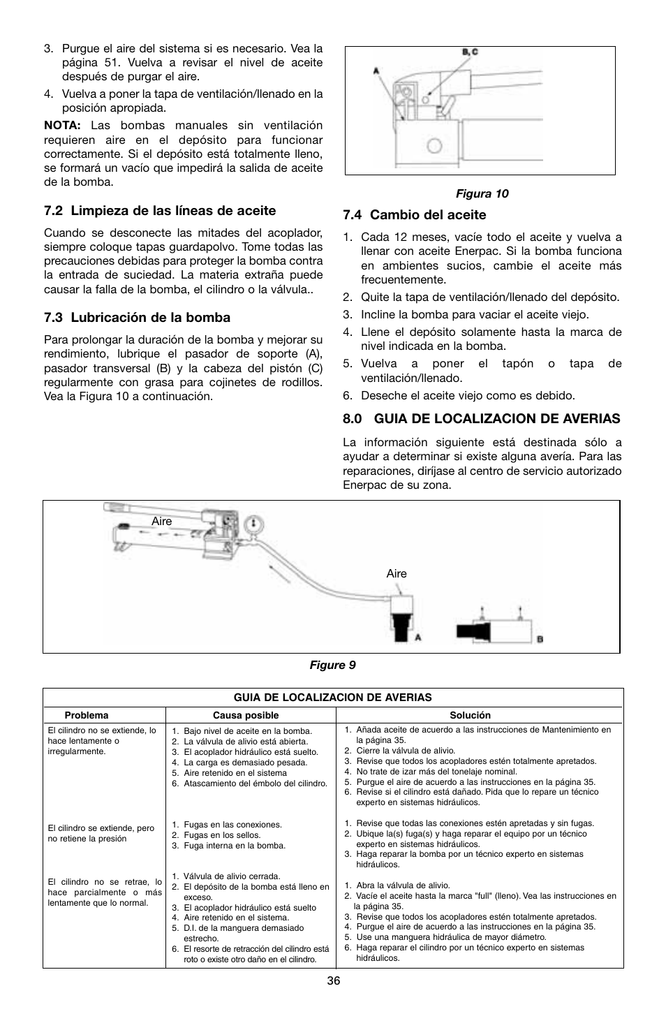 2 limpieza de las líneas de aceite, 3 lubricación de la bomba, 4 cambio del aceite | 0 guia de localizacion de averias | Enerpac P-Series User Manual | Page 36 / 96