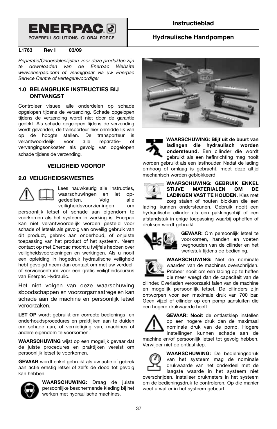 Instructieblad hydraulische handpompen | Enerpac P-Series User Manual | Page 37 / 96