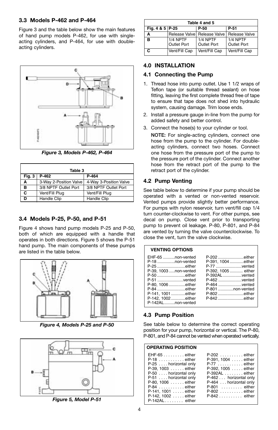 0 installation 4.1 connecting the pump, 2 pump venting, 3 pump position | Enerpac P-Series User Manual | Page 4 / 96