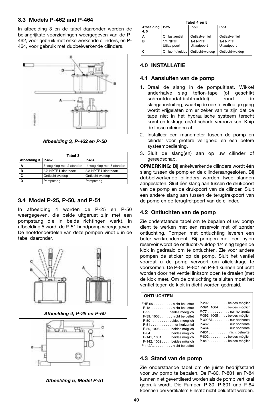 0 installatie 4.1 aansluiten van de pomp, 2 ontluchten van de pomp, 3 stand van de pomp | Enerpac P-Series User Manual | Page 40 / 96