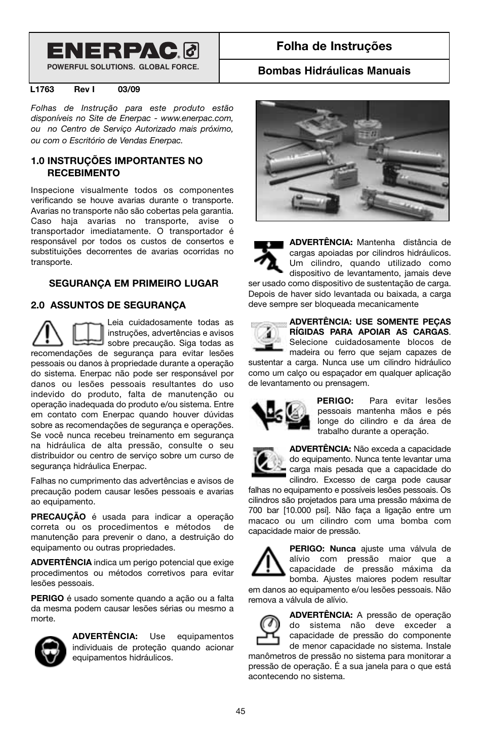 Folha de instruções, Bombas hidráulicas manuais | Enerpac P-Series User Manual | Page 45 / 96