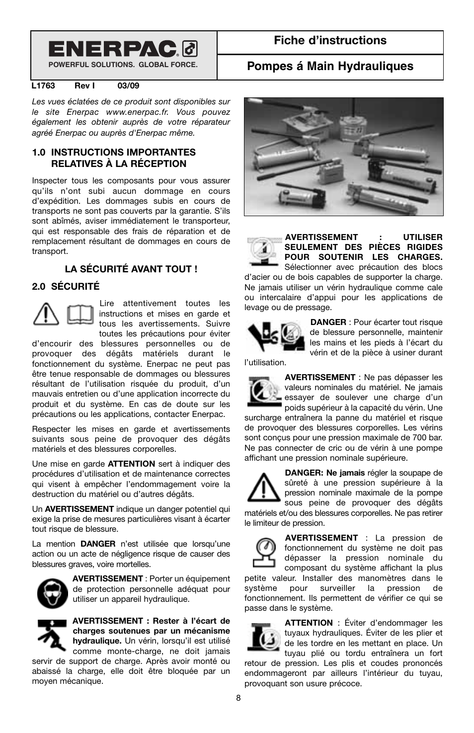 Fiche d’instructions pompes á main hydrauliques | Enerpac P-Series User Manual | Page 8 / 96