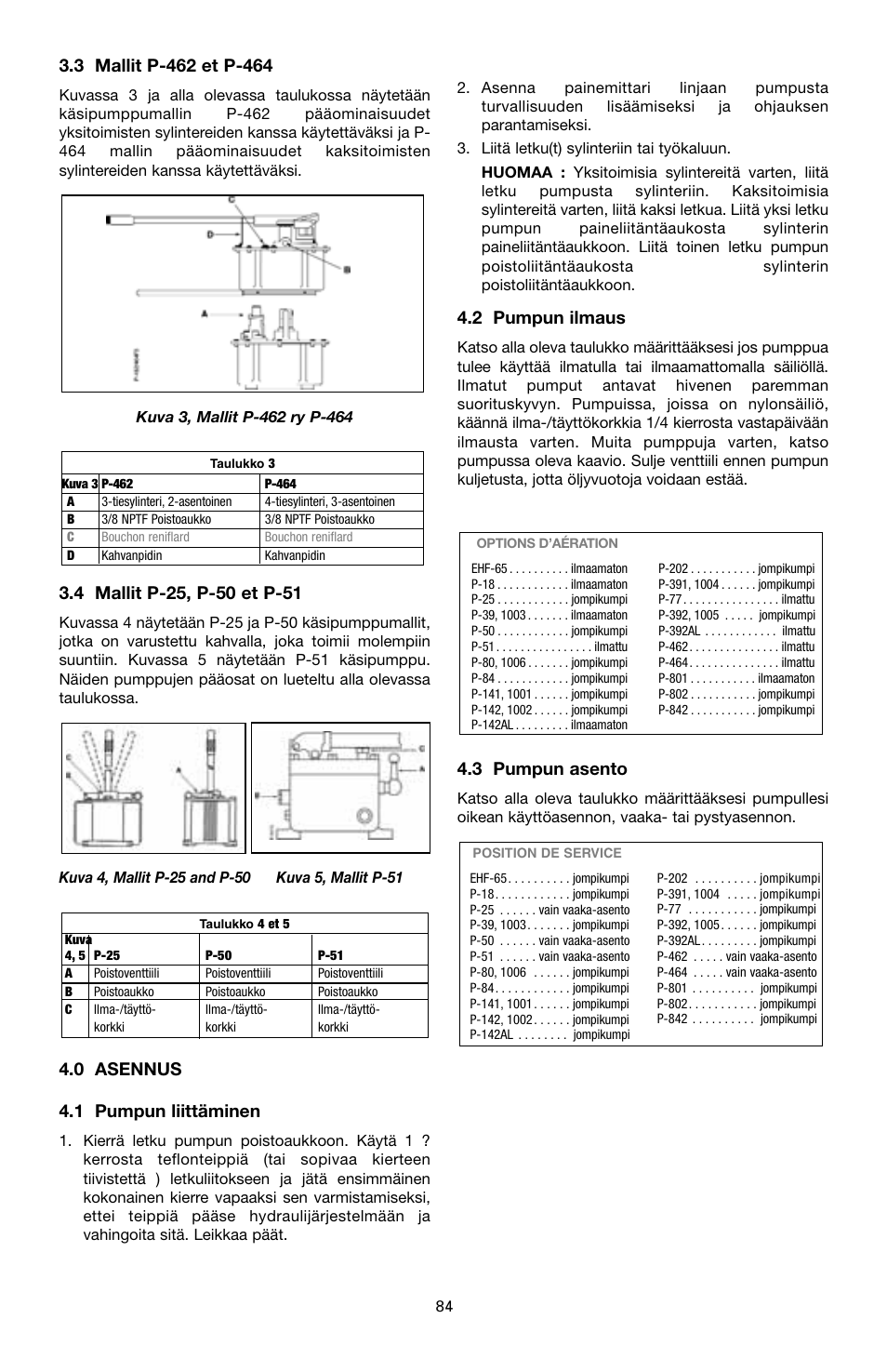 0 asennus 4.1 pumpun liittäminen, 2 pumpun ilmaus, 3 pumpun asento | Enerpac P-Series User Manual | Page 84 / 96