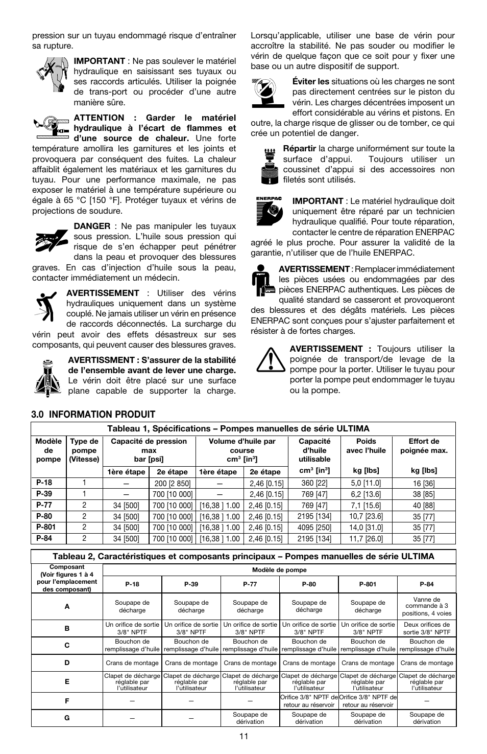 0 information produit | Enerpac P-Series ULTIMA User Manual | Page 11 / 128