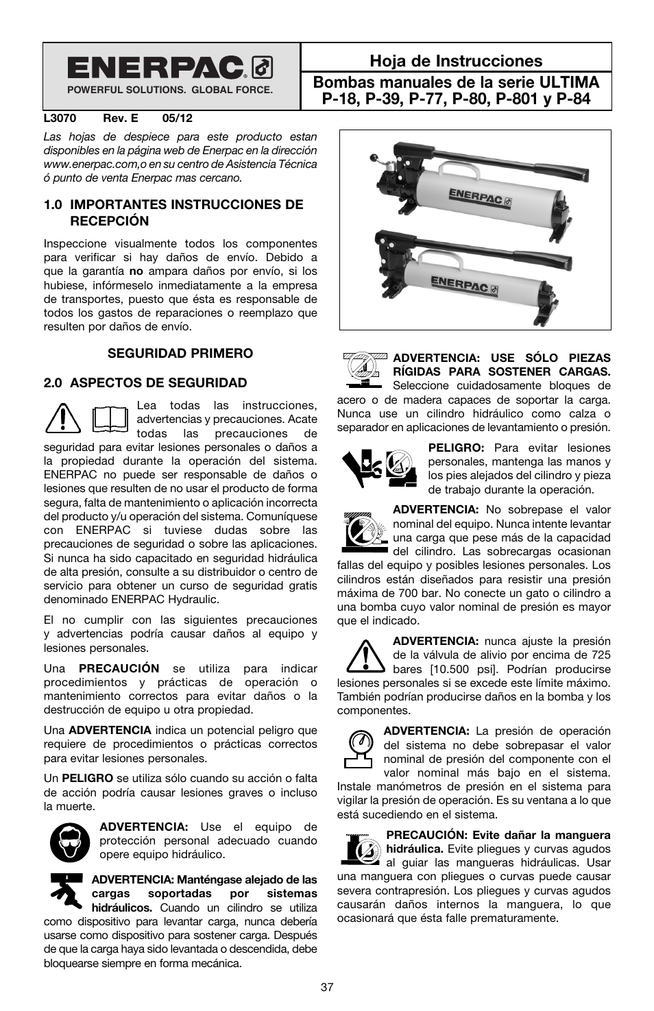 Español | Enerpac P-Series ULTIMA User Manual | Page 37 / 128