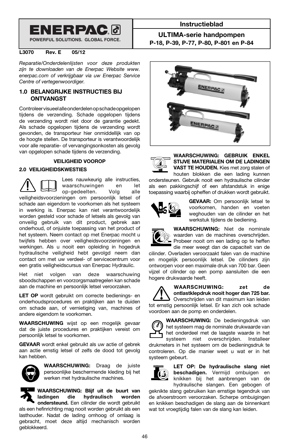 Nederlands, Instructieblad ultima-serie handpompen | Enerpac P-Series ULTIMA User Manual | Page 46 / 128