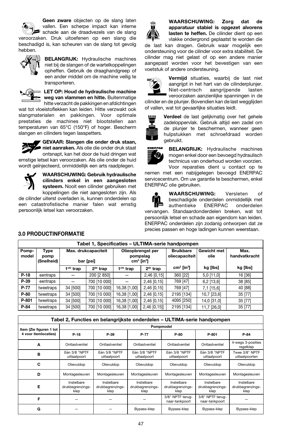 0 productinformatie | Enerpac P-Series ULTIMA User Manual | Page 47 / 128