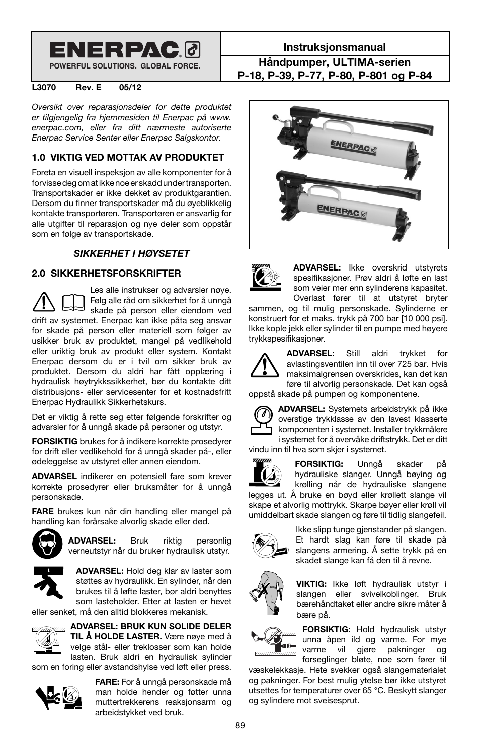 Norwegian | Enerpac P-Series ULTIMA User Manual | Page 89 / 128