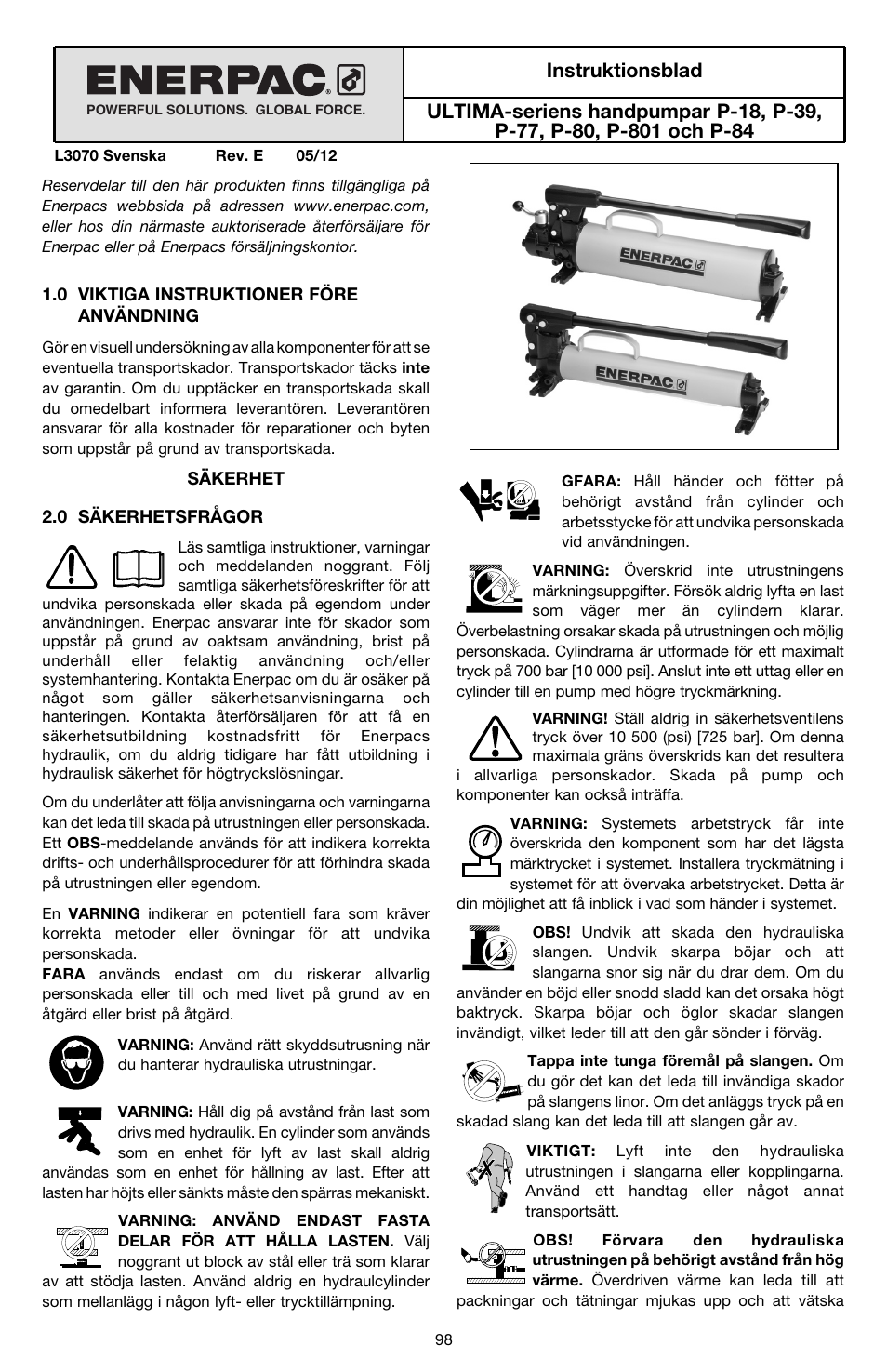 Svenska | Enerpac P-Series ULTIMA User Manual | Page 98 / 128