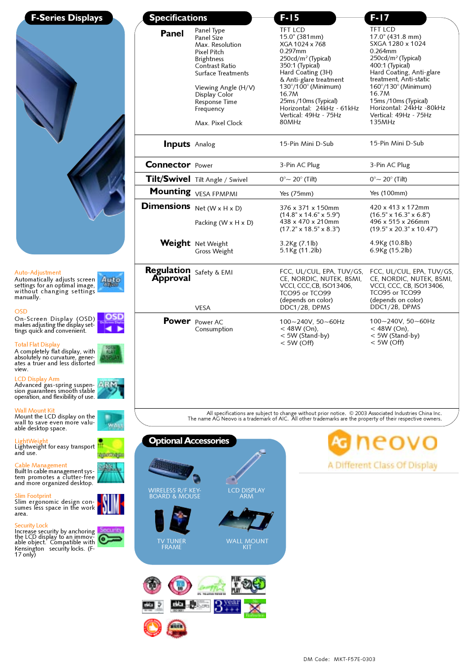 Optional accessories f-series displays panel, Inputs, F-15 specifications f-17 | AG Neovo Neovo F-15 User Manual | Page 2 / 2