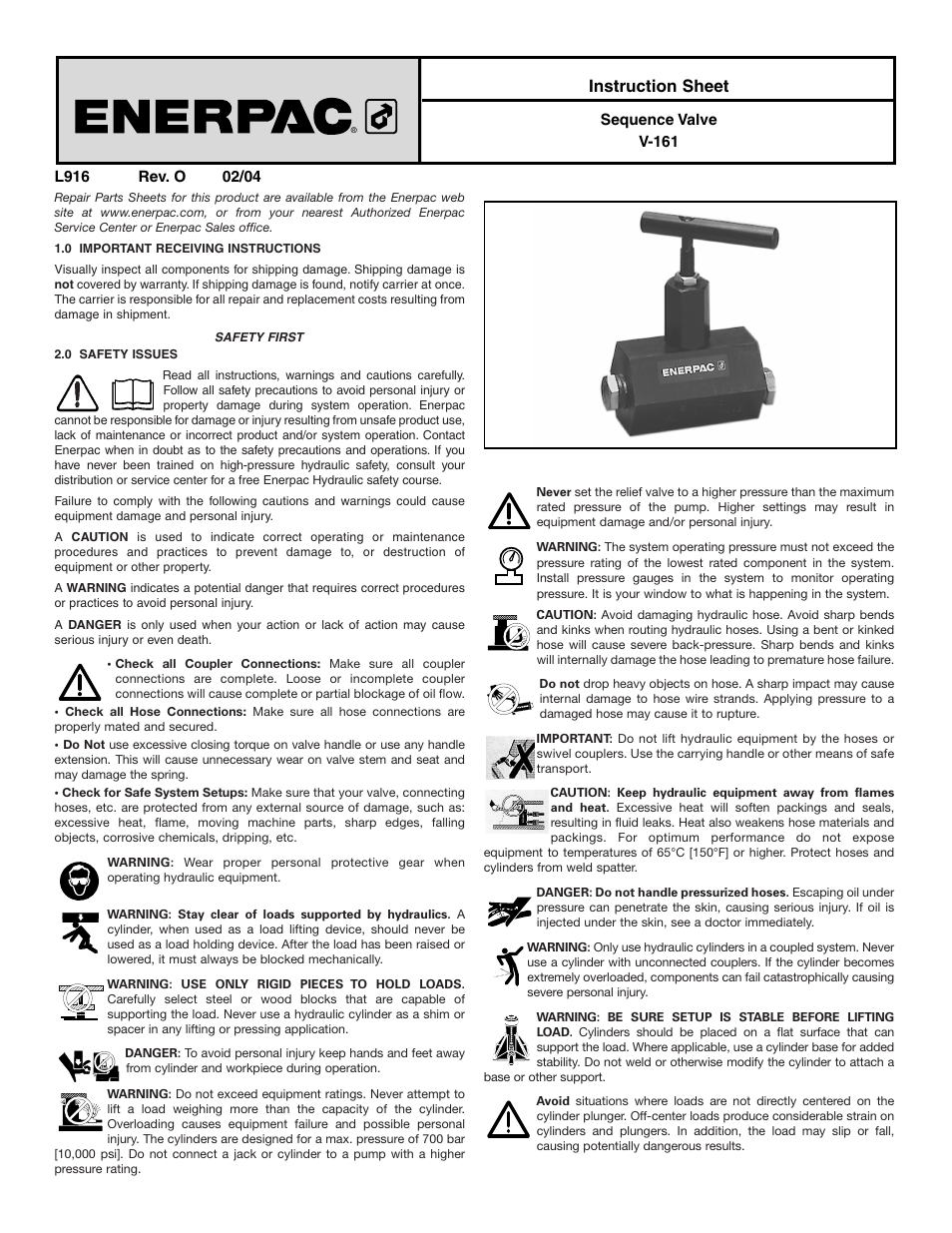 Enerpac V-161 User Manual | 2 pages