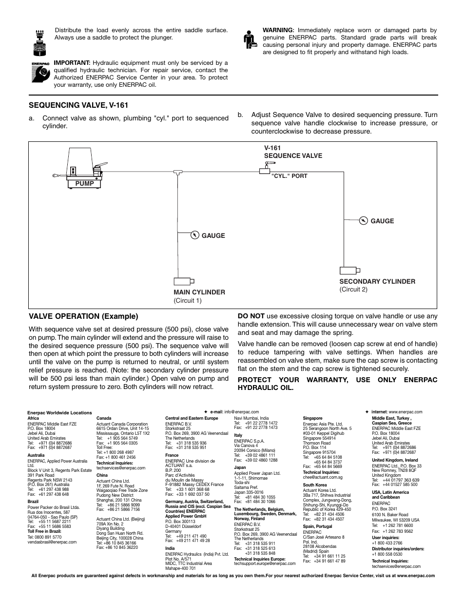 Sequencing valve, v-161, Valve operation (example) | Enerpac V-161 User Manual | Page 2 / 2