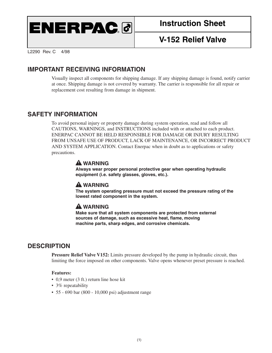 Enerpac V-152 User Manual | 14 pages