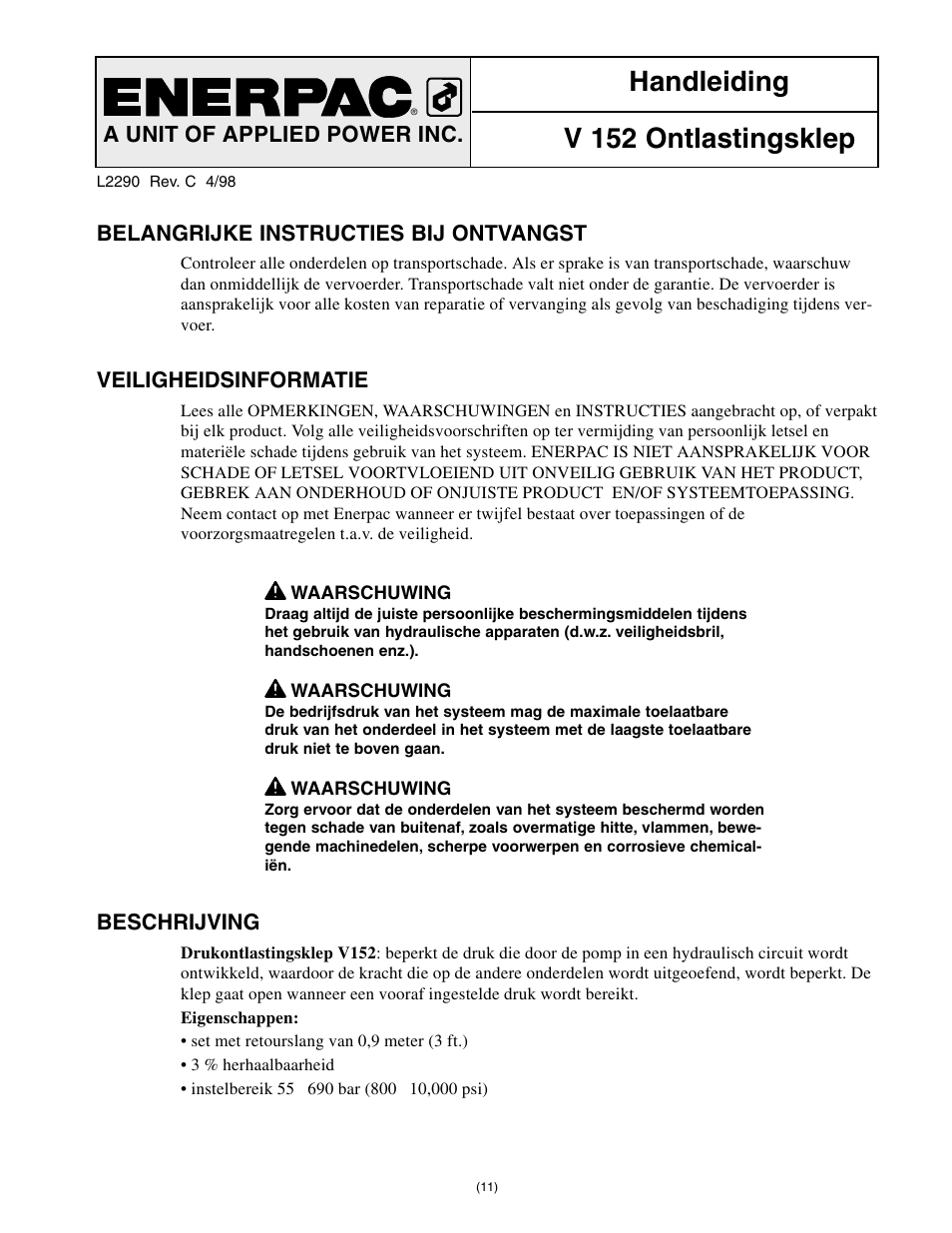 Handleiding v 152 ontlastingsklep, A unit of applied power inc | Enerpac V-152 User Manual | Page 11 / 14