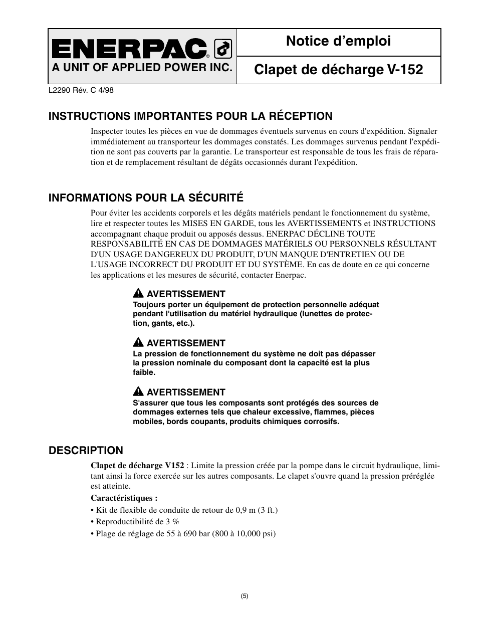 Notice d’emploi clapet de décharge v-152, A unit of applied power inc | Enerpac V-152 User Manual | Page 5 / 14