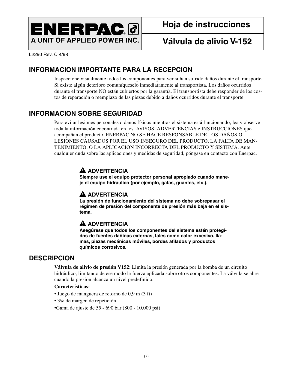 Hoja de instrucciones válvula de alivio v-152, A unit of applied power inc | Enerpac V-152 User Manual | Page 7 / 14