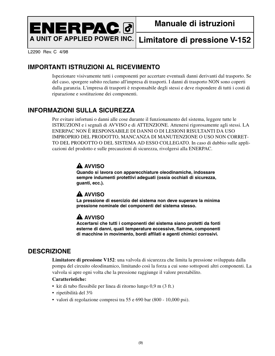 A unit of applied power inc | Enerpac V-152 User Manual | Page 9 / 14