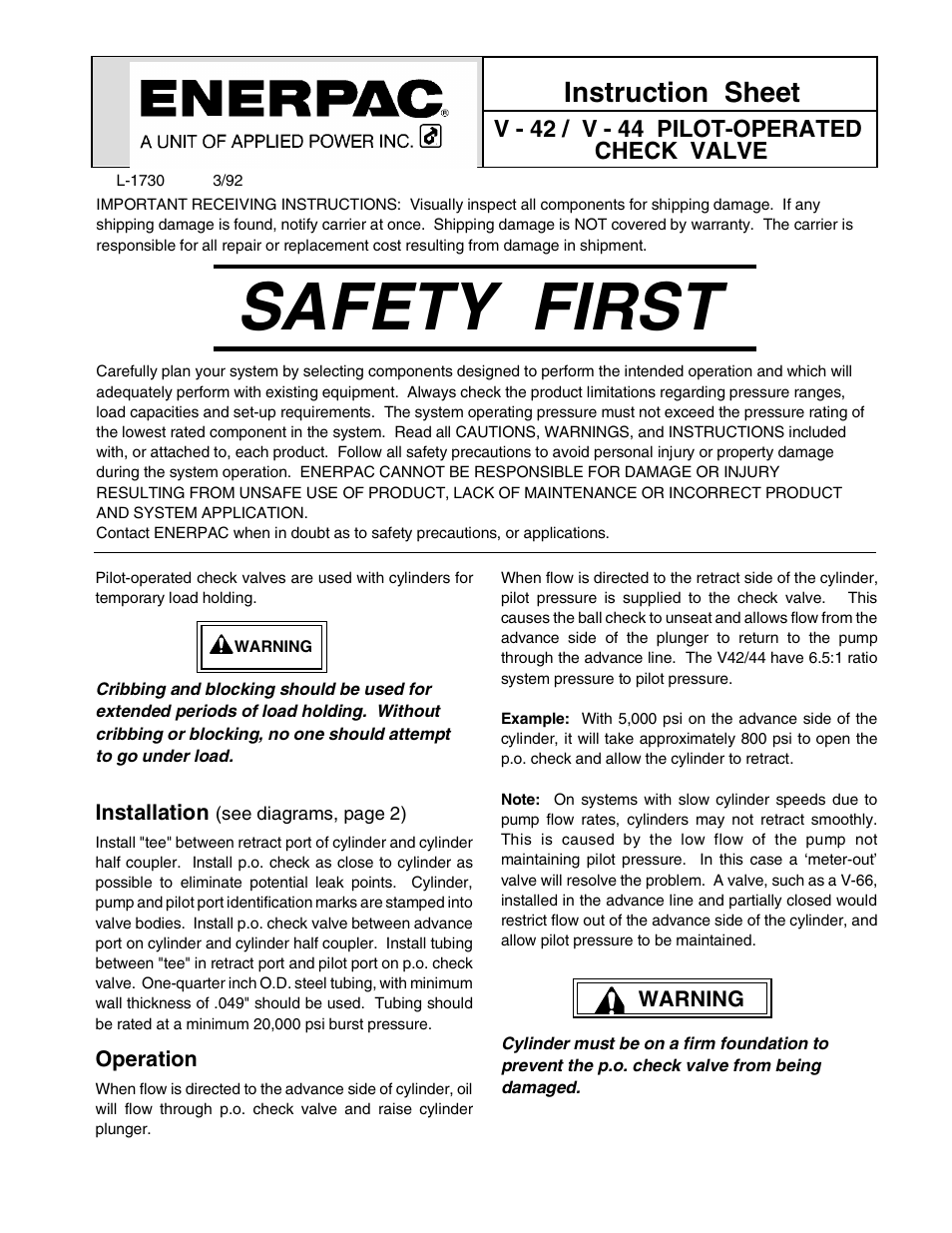 Enerpac V-44 User Manual | 2 pages