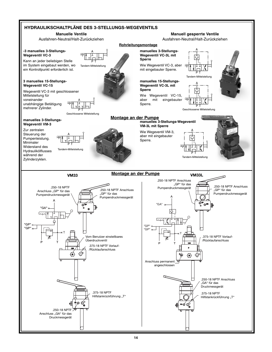 Hydraulikschaltpläne des 3-stellungs-wegeventils, Montage an der pumpe | Enerpac VM43 User Manual | Page 14 / 48