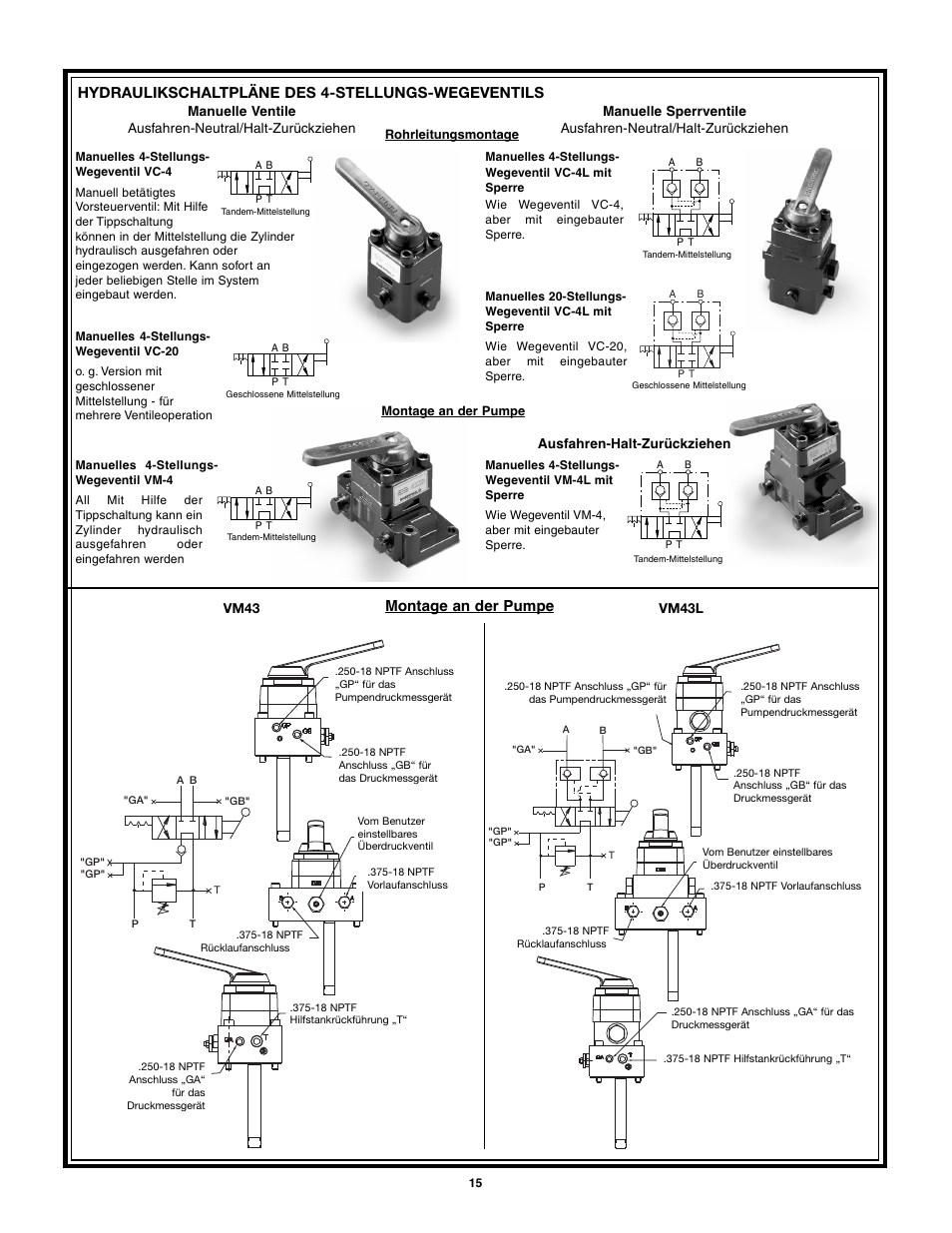 Montage an der pumpe, Hydraulikschaltpläne des 4-stellungs-wegeventils | Enerpac VM43 User Manual | Page 15 / 48